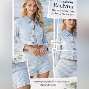 En Saison Raelynn Houndstooth Crop Jacket & Shorts Set Blue Size S